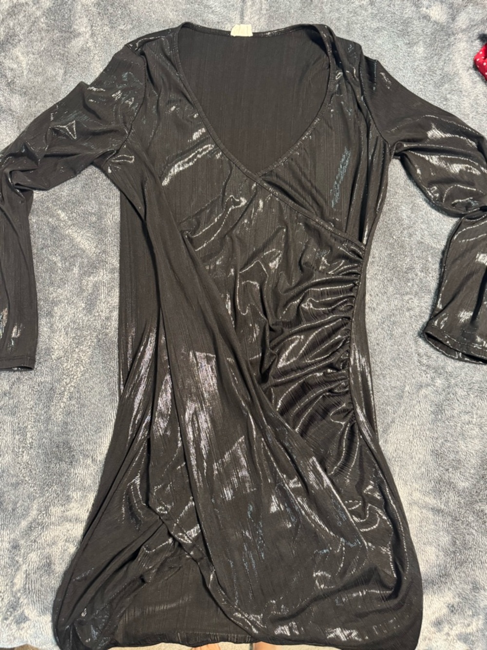 Shimmery Black Wrap-Style Long Sleeve Dress